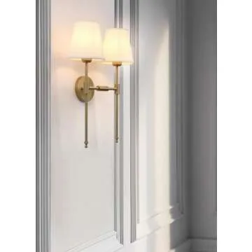 PERMO Classic Rustic Double Sconce 2-Lights Wall Sconce Lighting Fixture with Flared White Textile Lamp Shade and and Antique Brass Finished Long Arm,Wall Sconce Light Fixture for Bathroom Bedroom