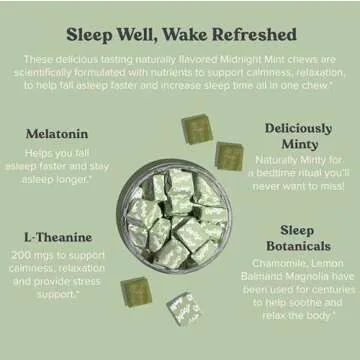 Chewsy Peaceful Sleep Chews, Sleep Support, 3 mg Melatonin, 200 MGS L-Theanine, Chamomile, Lemon Balm, Magnolia, Nighttime Sleep Aid, Naturally Minty Chews, Promotes restful Sleep, 6 -Day Supply (1)
