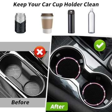 Car Coasters, Senose Bling Car Accessories for Women, Universal 2.75" Anti-Slip Silicone Cup Holder Coasters for Car, Cute Diamond Vehicle Interior Decor (Black Pink, 2 Pack)