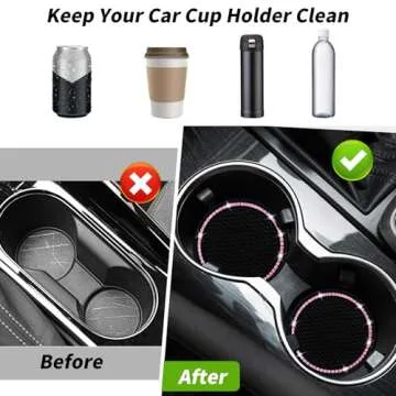 Car Coasters, Senose Bling Car Accessories for Women, Universal 2.75" Anti-Slip Silicone Cup Holder Coasters for Car, Cute Diamond Vehicle Interior Decor (Black Pink, 2 Pack)