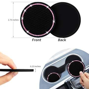 Car Coasters, Senose Bling Car Accessories for Women, Universal 2.75" Anti-Slip Silicone Cup Holder Coasters for Car, Cute Diamond Vehicle Interior Decor (Black Pink, 2 Pack)