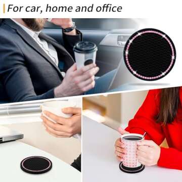 Car Coasters, Senose Bling Car Accessories for Women, Universal 2.75" Anti-Slip Silicone Cup Holder Coasters for Car, Cute Diamond Vehicle Interior Decor (Black Pink, 2 Pack)