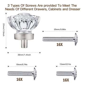 SHINY HANDLES Brushed Nickel Cabinet knobs, Glass Cabinet Knobs and Pulls, Vintage Crystal Knobs for Dresser Drawer(Round, Brushed Nickel, 16 Pack)