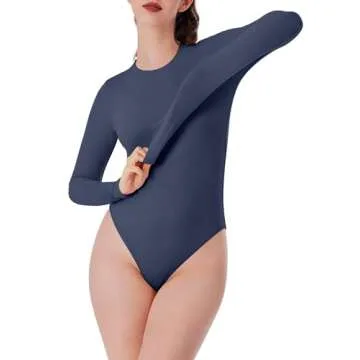 REORIA Women's Long Sleeve Bodysuits Crew Neck Slim Double Lined Basic Layering Body Suits Fall Goin...
