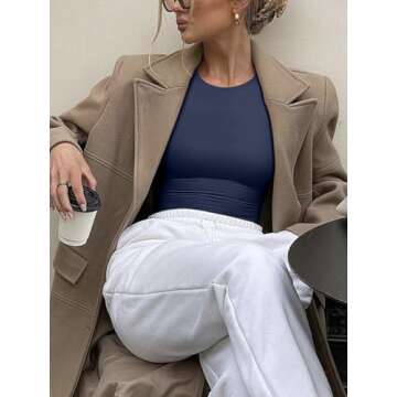 REORIA Women's Long Sleeve Bodysuits Crew Neck Slim Double Lined Basic Layering Body Suits Fall Going Out Tops Winter Outfits 2024(Navy Blue X-Small)