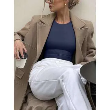 REORIA Women's Long Sleeve Bodysuits Crew Neck Slim Double Lined Basic Layering Body Suits Fall Going Out Tops Winter Outfits 2024(Navy Blue X-Small)