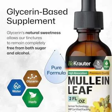 BIO KRAUTER Mullein Leaf Extract for Lungs - Sugar & Alcohol Free Mullein Tincture for Lung Cleanse & Detox - Vegan Respiratory Supplements - 2 Fl. Oz.