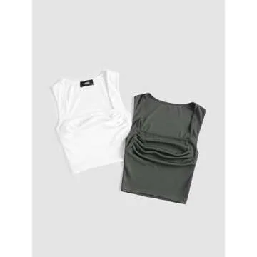 CIDER 2 Pack Solid Ruched Square Neck Crop Top - Stylish White & Grey