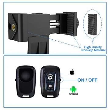 Universal Phone Tripod Mount Adapter with Ｗireless Camera Remote , Cell Phone Holder with Adjustable Clamp for Selfie Stick Monopod Compatible with iPhone, Samsung and so on , Wrist Strap Included