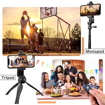 Universal Phone Tripod Mount Adapter with Ｗireless Camera Remote , Cell Phone Holder with Adjustable Clamp for Selfie Stick Monopod Compatible with iPhone, Samsung and so on , Wrist Strap Included