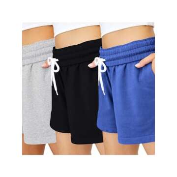 AUTOMET Womens Sweat Shorts Casual Summer Drawstring Comfy Elastic High Waist Running Clothes with Pockets 3 Pack: Black&Grey&Blue M