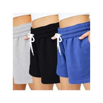 AUTOMET Womens Sweat Shorts Casual Summer Drawstring Comfy Elastic High Waist Running Clothes with Pockets 3 Pack: Black&Grey&Blue M
