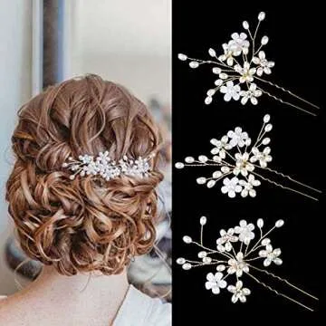 Sppry Wedding Hair Pins (3 Pcs) - Elegant Pearl Floral Crystal Hair Accessories for Bridal Women (Go...