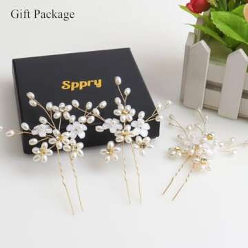 Sppry Wedding Hair Pins (3 Pcs) - Elegant Pearl Floral Crystal Hair Accessories for Bridal Women (Gold)