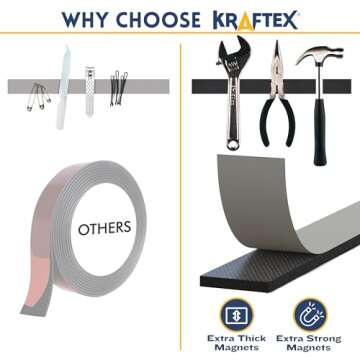 Kraftex Magnetic Tape [5pk, 1ft x 160mil] Magnet Strips with Adhesive Backing. Heavy Duty and Strong Magnet Tape for Crafts, Mounting Tools and DIY. Magnetic Strips with Super Sticky Back