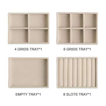 Frebeauty Small Jewelry Tray Set,Stackable Velvet Jewelry Organizer Tray,Mini Jewelry Drawer Organizer,Drawer Inserts,4.92 x 3.74 x 0.9 Inches,Earring Organizer for Women(Set 4,Beige)