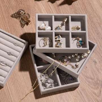 Frebeauty Small Jewelry Tray Set,Stackable Velvet Jewelry Organizer Tray,Mini Jewelry Drawer Organizer,Drawer Inserts,4.92 x 3.74 x 0.9 Inches,Earring Organizer for Women(Set 4,Beige)