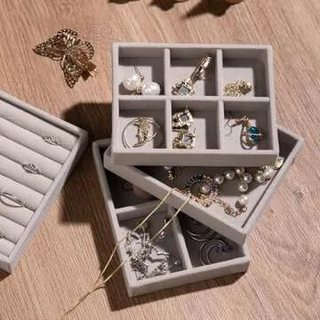 Frebeauty Small Jewelry Tray Set,Stackable Velvet Jewelry Organizer Tray,Mini Jewelry Drawer Organizer,Drawer Inserts,4.92 x 3.74 x 0.9 Inches,Earring Organizer for Women(Set 4,Beige)