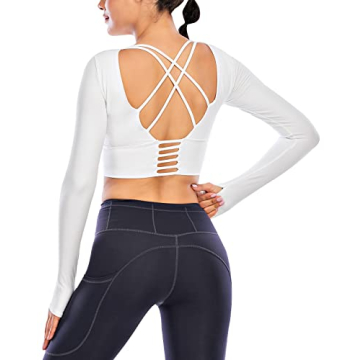 ECUPPER Women Long Sleeve Workout Tops Backless Yoga Gym Shirts Athletic Crop Top with Built in Bra ...