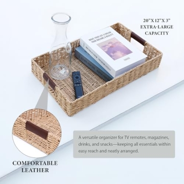 Handwoven Rattan Tray with Leather Handles - Versatile & Elegant