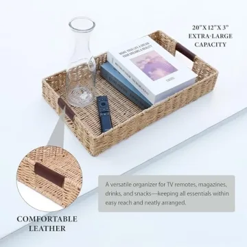 Handwoven Rattan Tray with Leather Handles - Versatile & Elegant