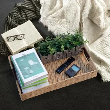 Handwoven Rattan Tray with Leather Handles - Versatile & Elegant