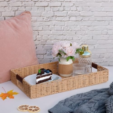 Handwoven Rattan Tray with Leather Handles - Versatile & Elegant