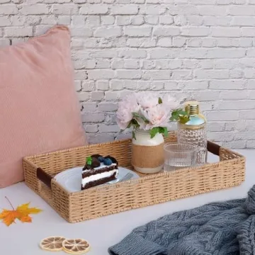 Handwoven Rattan Tray with Leather Handles - Versatile & Elegant