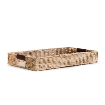 Handwoven Rattan Tray with Leather Handles - Versatile & Elegant