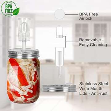 Fermentation Kit-4 Glass Fermentation Weights,4 Fermenting Lids,4 airlocks,4 Silicone Rings,5 Silicone Grommet for Wide Mouth Mason Jar for Sauerkraut,Vegetables and Other Fermented Food