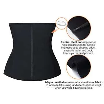 YIANNA Latex Waist Trainer for Women Tummy Control Zipper Underbust Waist Cincher Corset Hourglass Body Shaper Sport Girdle, YA2219-Black-L