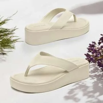 CentroPoint Women's T-strap Thong Platform Flip Flops Fashion Lightweight Wedge Sandals Slip On Memory Foam Slides(Beige PU, Numeric_8)
