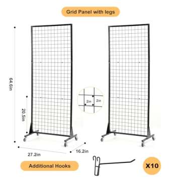3 Layer Grid Panels for Display, Movable Gridwall Panels Tower with 10 Display Hooks, Sturdy Wire Grid Wall Panels Metal Art Display Racks for Craft Shows, Retail, Home