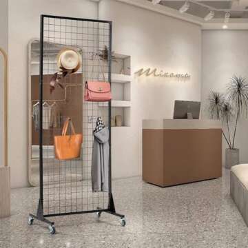 3 Layer Grid Panels for Display, Movable Gridwall Panels Tower with 10 Display Hooks, Sturdy Wire Grid Wall Panels Metal Art Display Racks for Craft Shows, Retail, Home