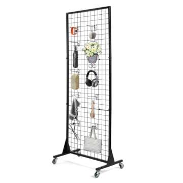 3 Layer Grid Panels for Display, Movable Gridwall Panels Tower with 10 Display Hooks, Sturdy Wire Grid Wall Panels Metal Art Display Racks for Craft Shows, Retail, Home