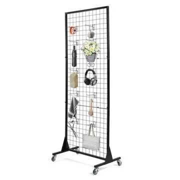 3 Layer Grid Panels for Display, Movable Gridwall Panels Tower with 10 Display Hooks, Sturdy Wire Grid Wall Panels Metal Art Display Racks for Craft Shows, Retail, Home