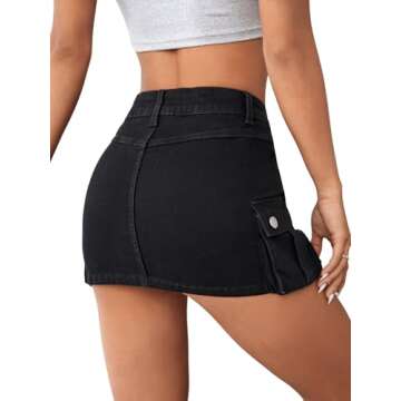 Floerns Women's Casual High Waist Flap Pocket Straight Cargo Denim Mini Skirt Black Petite XS