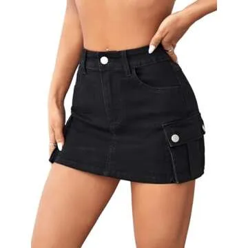Floerns Women's Casual High Waist Flap Pocket Straight Cargo Denim Mini Skirt Black Petite XS