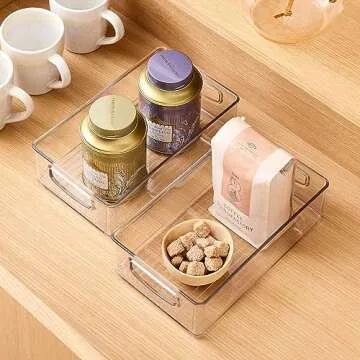 vacane 4 Pack Plastic Pantry Organization and Storage Bins with Handle, Kitchen Organization or Kitchen Storage – Refrigerator Organizer Bins, Cabinet Organizers, 4 Pack