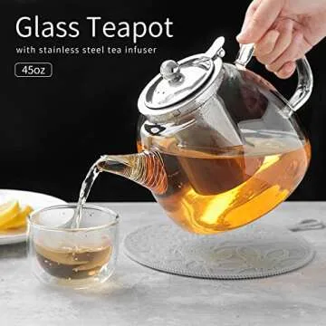 Stylish 45oz Glass Teapot with Infuser and Coaster
