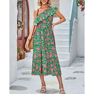 BTFBM Women's One Shoulder Maxi Dress Sleeveless Casual Summer Layered Ruffle Boho Floral Print Part...