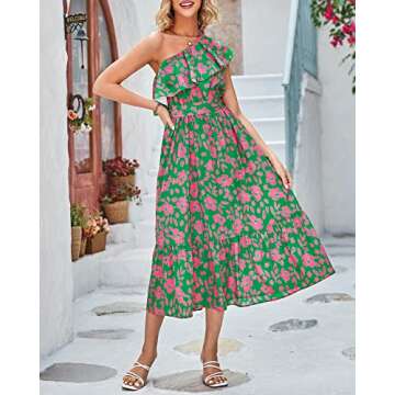 BTFBM Women's One Shoulder Maxi Dress Sleeveless Casual Summer Layered Ruffle Boho Floral Print Party Beach A-Line Dresses(Floral Pink Green, Medium)