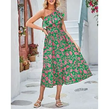 BTFBM Women's One Shoulder Maxi Dress Sleeveless Casual Summer Layered Ruffle Boho Floral Print Party Beach A-Line Dresses(Floral Pink Green, Medium)