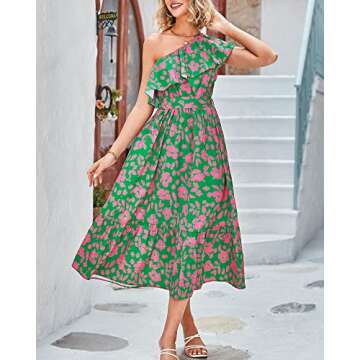 BTFBM Women's One Shoulder Maxi Dress Sleeveless Casual Summer Layered Ruffle Boho Floral Print Party Beach A-Line Dresses(Floral Pink Green, Medium)