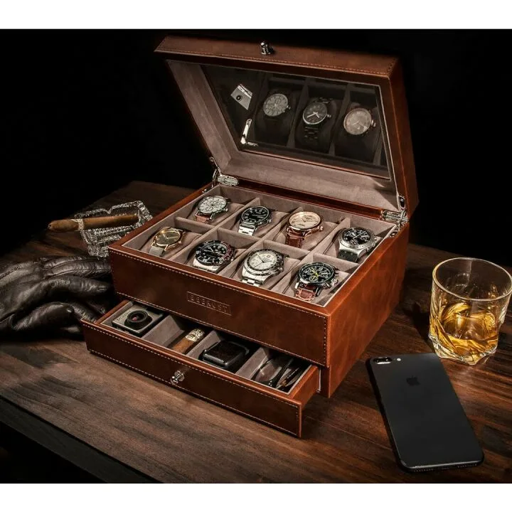 Men's Luxury Leather Watch Box with Valet Drawer