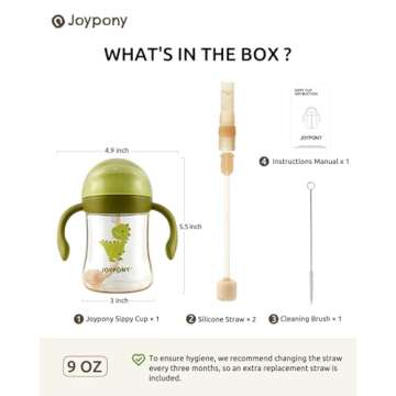 Joypony Sippy Cups for Toddlers, PPSU Spill-Proof Transition Straw Cups for 6 month + old with 4-Layer Protection, Weighted Sippy Cups with 2 Pcs Silicone Straw, BPA-Free, 9oz