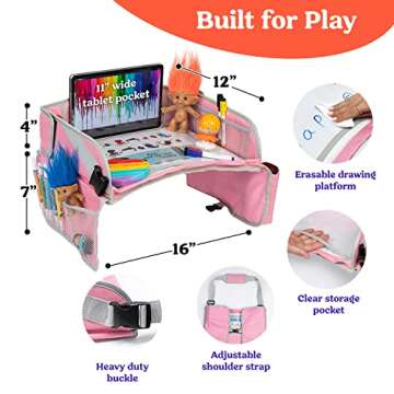 PILLANI Kids Travel Tray for Car - Car Seat Tray for Kids Travel, Road Trip Must Haves, Car Trays for Kids Roadtrip Essentials, Carseat Table Tray for Kids Road Trip Activities - Toddler Lap Desk Pink