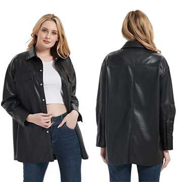 RISISSIDA Women Faux Leather Shacket Jacket,Vegan Pleather Long Sleeve Shirts Black 21001 L