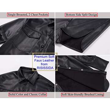 RISISSIDA Women Faux Leather Shacket Jacket,Vegan Pleather Long Sleeve Shirts Black 21001 L