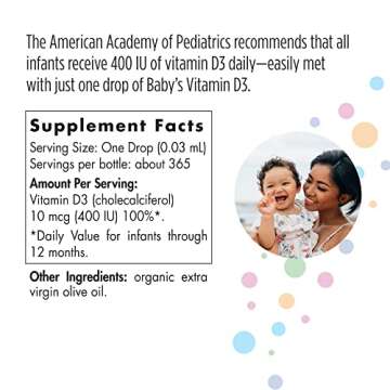 Nordic Naturals Baby's Vitamin D3, Unflavored - 400 IU Vitamin D3 - 0.37 oz - Healthy Bones, Immune System Support, Normal Sleep Rhythms - Non-GMO, Certified Vegetarian - 365 Servings, 0.37 Fl Oz (Pack of 1)